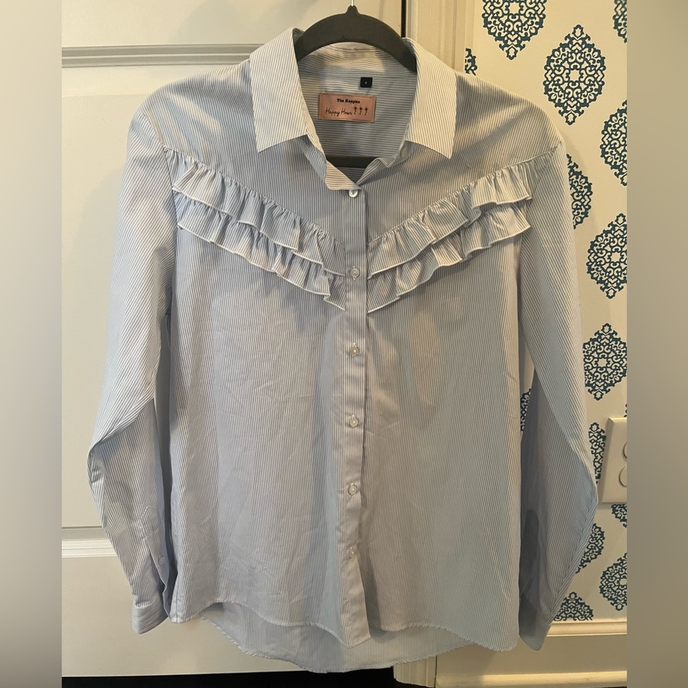 NWOT WOMENS THE KOOPLES SEERSUCKER RUFFLE COLLARED SHIRT, SMALL